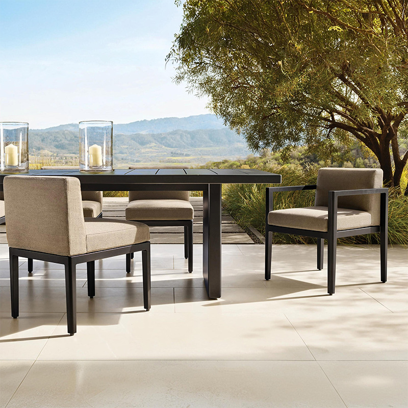 Mesa y sillas de madera maciza al aire libre patio villa terraza mesa larga de madera hotel jardín alojamiento residencial impermeable tablas y sillas de teca solar