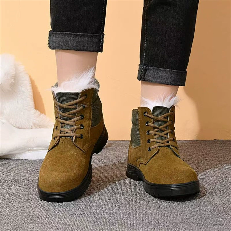 Winter warm ankle boots, khaki, plush faux‑fur lining, rugged sole, sizes 38–45