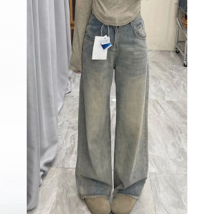 Straight Leg Wide Leg Jeans Women's Spring New High Waist Loose Dipped Ruffled Edge Niche Design Sense Straight Leg