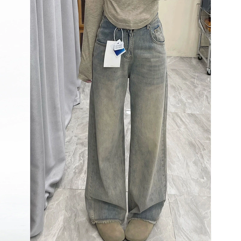 Прямые джинсы с широкими ножками для детей весной новая высокая талия свободная и вертикальная окантка