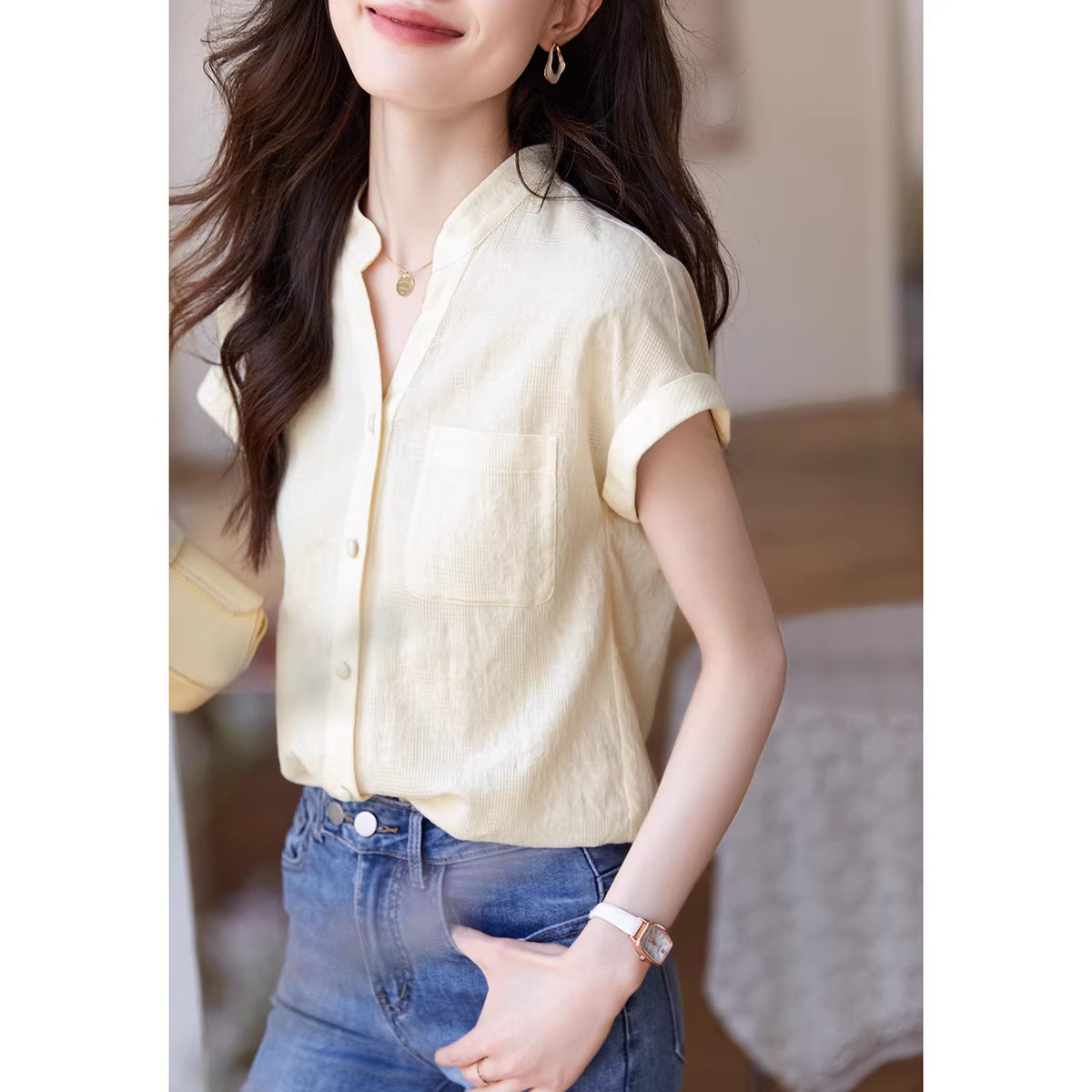 Áo sơ mi nữ liền vai chất liệu cotton linen phong cách Hàn Quốc — xanh lá cây chi tiết 2
