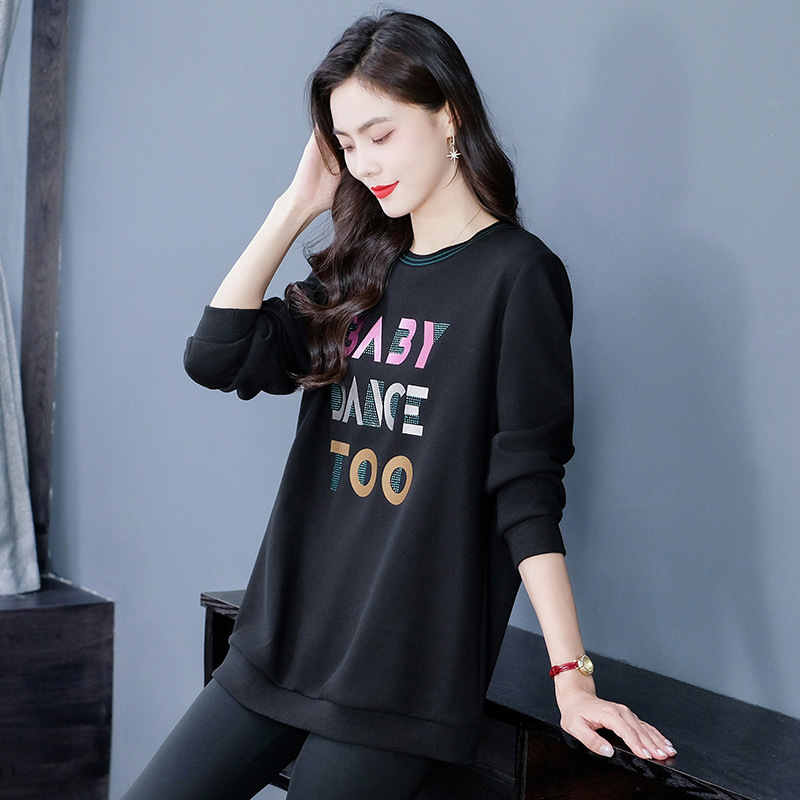 Add velvet warm autumn and winter new long sleeve loose large size fat MM foreign print middle-aged and elderly women's hoodie top