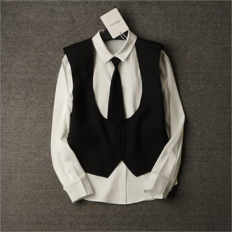 春夏季新款 二八杨密明星同款休闲宽松领带衬衫搭配马甲背心