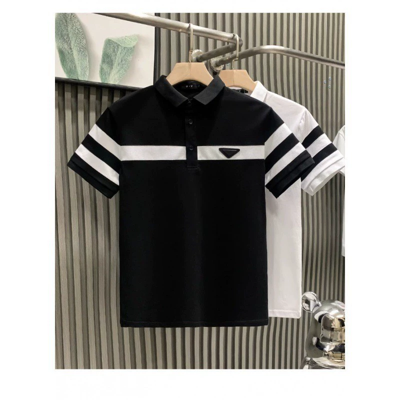 Мужская одежда с воротником с лацканами и короткими рукавами новый мужской черно-белый полосатый рубашка POLOT летом носить зрелые и стабильные
