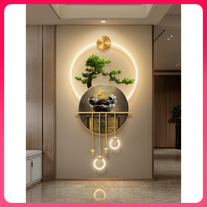 ✅Nueva pintura decorativa de entrada de pino de bienvenida al estilo chino Podocarpus ciprés pasillo lámpara de pared agua corriente para ganar dinero en casa