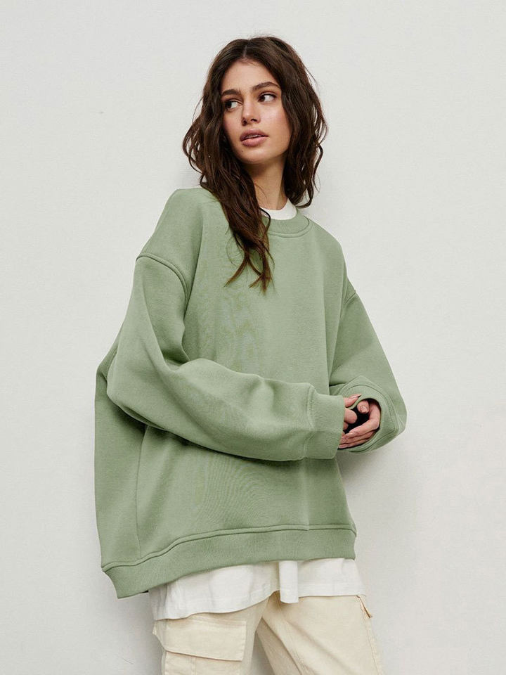 Áo sweatshirt nữ cổ tròn dáng rộng oversize tay dài chất liệu nỉ lông — Hoa màu xám, Màu cà phê, Màu trắng, Xanh navy chi tiết 40