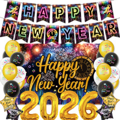 2026新年快乐派对装饰用品 新年横幅 拉旗背景布蛋糕插牌气球套装