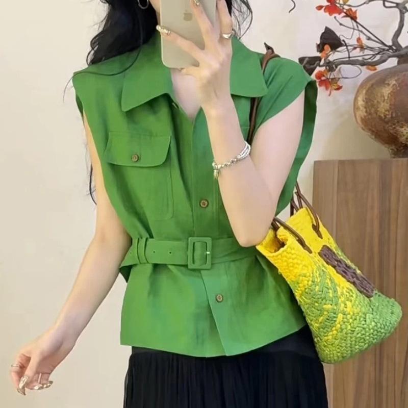 Aocado Green Waistband Shirt Women's Mogo Fish Yuan Chuang Xia Gaozhi Wear French Unique Beautiful Shirt