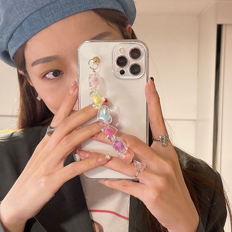 16 Suitable for Apple 14 Promax Mobile Phone Case Candy Heart Bracelet iPhone 13 Transparent 17/Soft Wrist 12 Female 7