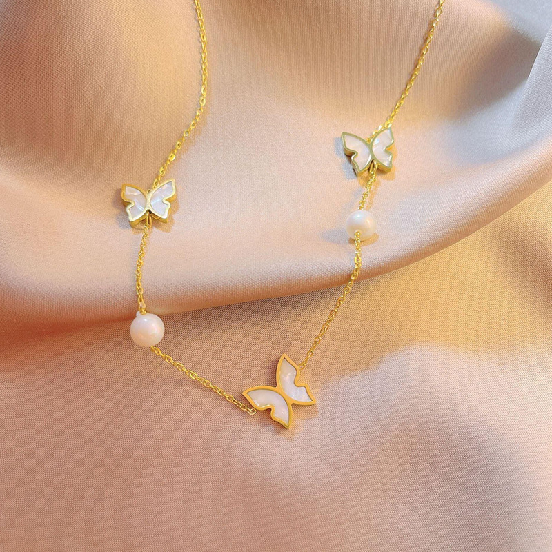 Sweet Butterfly Titanium Steel Inlay Artificial Pearls Shell Choker Colorza_colorza_5