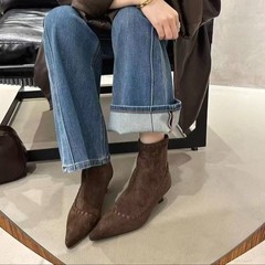 牛皮版~褶皱尖头切尔西靴平底绑带新款复古小众美拉德西部牛仔靴