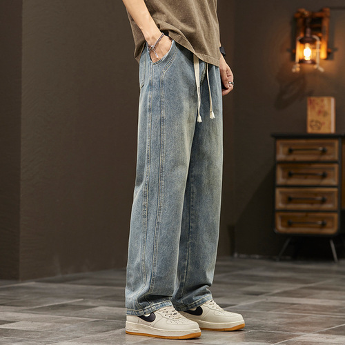 American-style creative spring high-end street slim-fit jeans for men, straight-leg vibe design wide-leg denim
