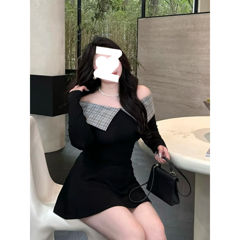 大码女装纯欲一字肩长袖连衣裙秋冬季胖mm修身显瘦|undefined