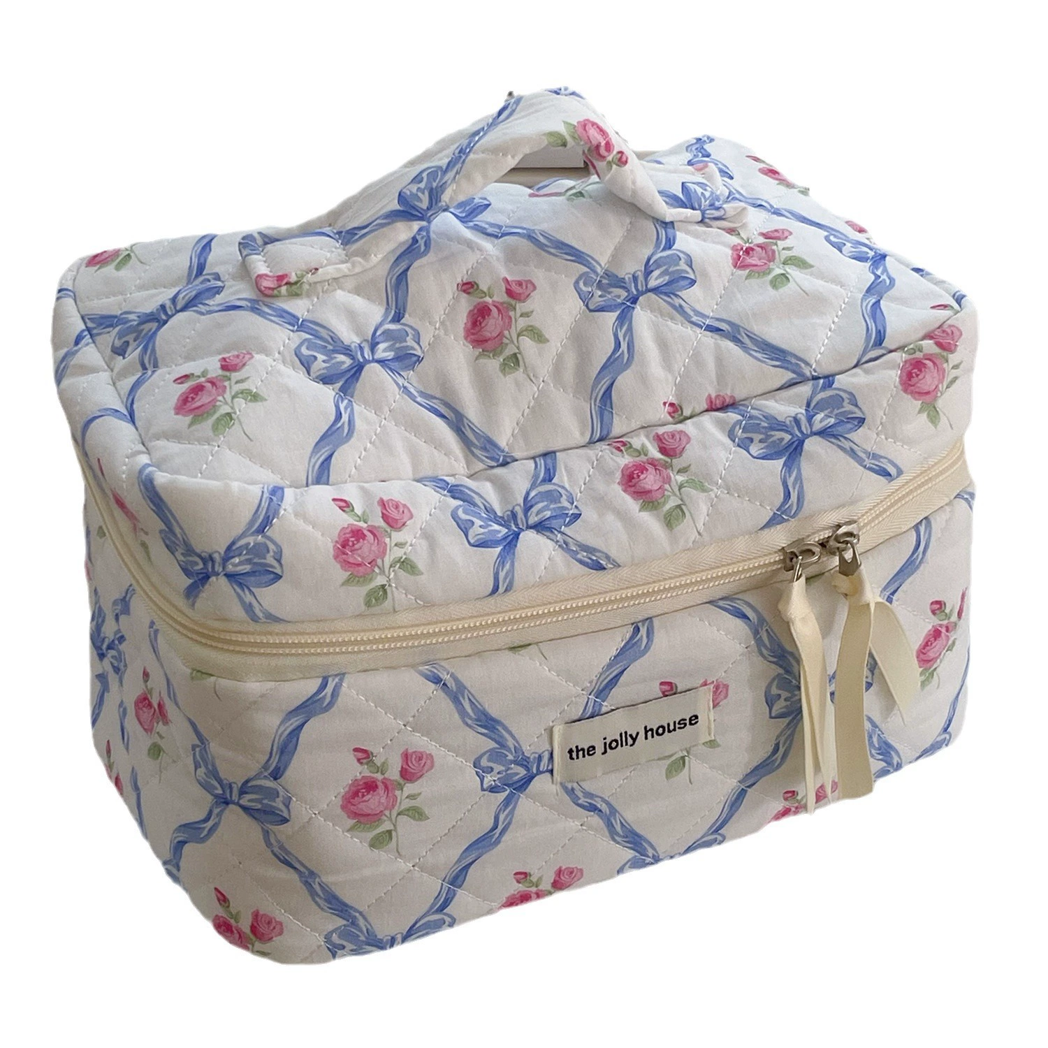 Capacious cosmetic bag with bow, handheld soft organizer bag, flowered
