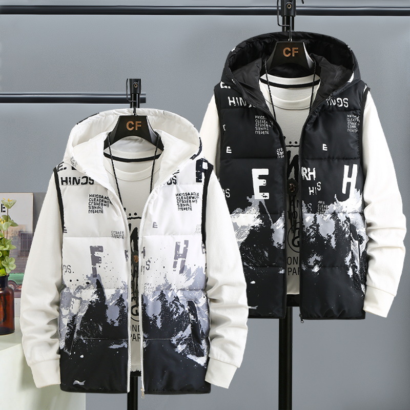 Down Vest Autumn and Winter New Men's Wear Short Coat on Both Sides Loose Hooded Popular Cotton Tank Top_voghion.com