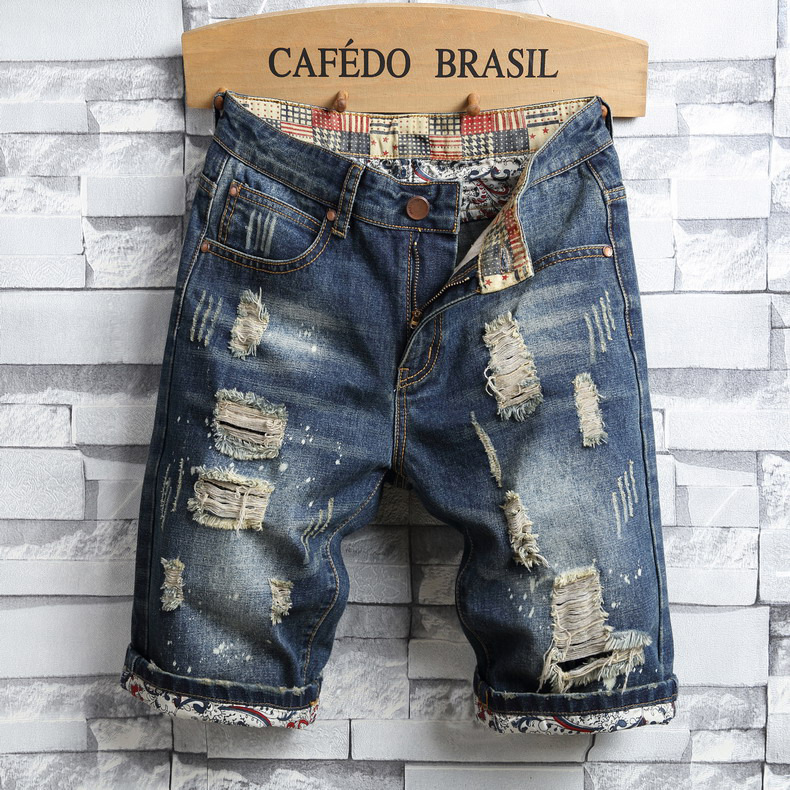 Pantaloncini in denim da uomo con fori strappati, 5/4 p, vestibilità slim oversize versatile da uomo alla moda, pantaloncini in denim 5/5, mendicanti_voghion.com