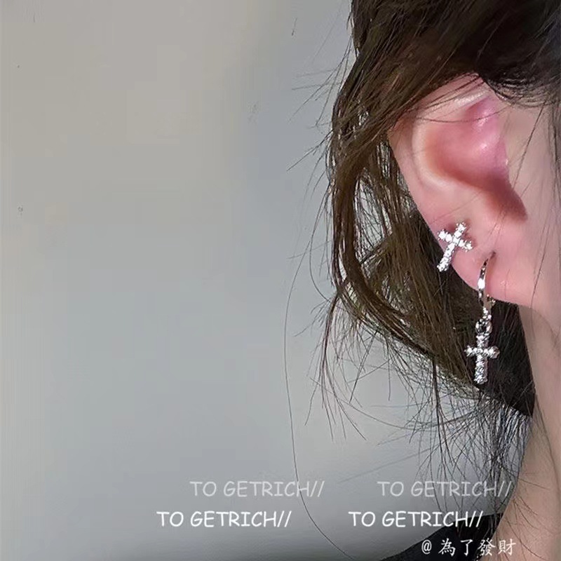 小眾設計感耳環ins風十字架耳釘個性朋克風不對稱氣質耳扣耳飾女