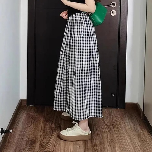 Girls' Spring Pants 9-inch Grid Pants 2024 New Children's Stylish Wide-leg Pants Big Kids Loose Summer Skirt Pants