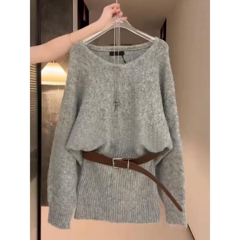 Knitted autumn and winter mid-length new long-sleeve slim-fit sweater, Korean style, gray, hip-hugging, solid color for women