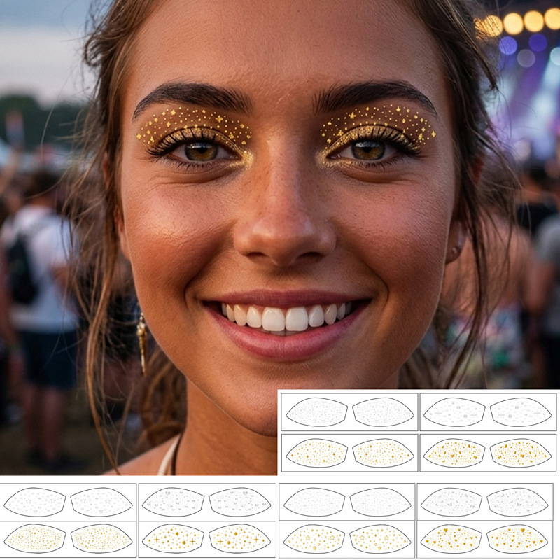 Cross-Border Gold and Silver Foil Eye Makeup Tattoo Stickers, Waterproof, Sweat-Proof, Long-Lasting, Disposable Temporary Party Face Makeup Stickers