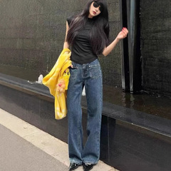 南油LOWEレリーフエンボス高腰痩せジーンズ女性春秋新型レトロ洗水カジュアル広脚ズボン