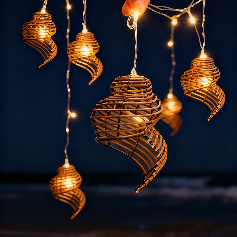 New Conch-Shaped Wrought Iron Rattan Led Solar Lampshade String Lights, Direct Supply from the Manufacturer, Seaside Outdoor Courtyard Decorations