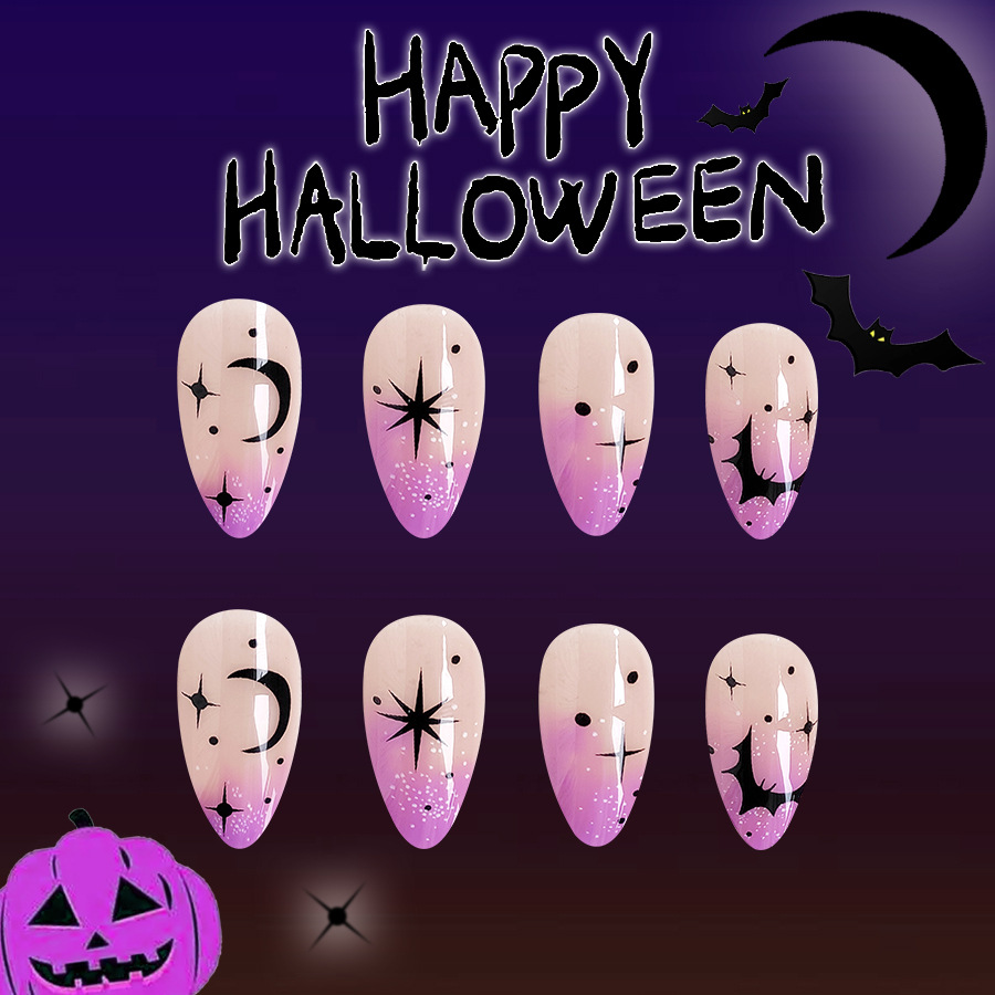 Almond Shape False Nails Black Bat Moon Star Halloween Design_voghion.com