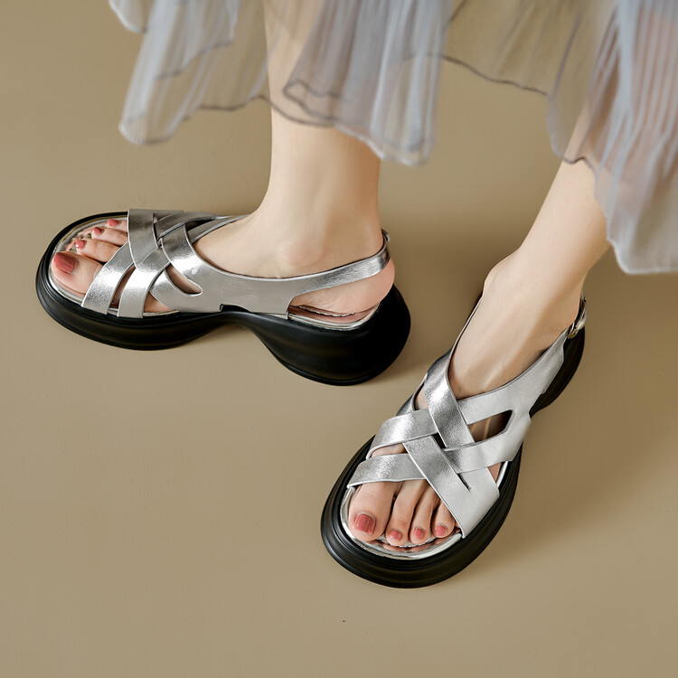 Sandal da cừu đế dày hở ngón tăng chiều cao nữ — Màu bạc, Màu mơ chi tiết 41