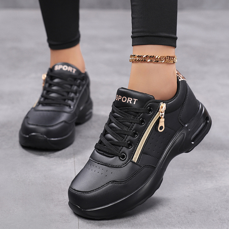 Cross-Border Wholesale of New Air-Cushioned Leather Casual Shoes for Women, Side Zipper Decorative Sneakers, Lightweight Travel Shoes for Women