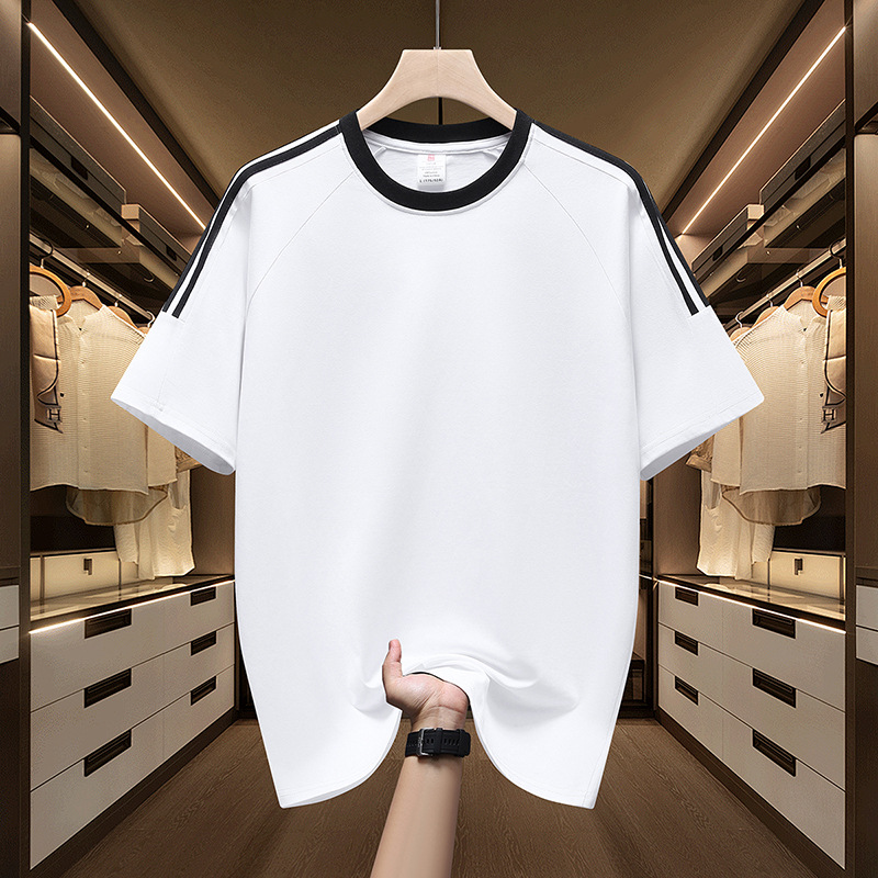 Algodón transfronterizo americano de tres barras de manga corta camiseta deportiva de moda masculina suelta y atractiva chaqueta de comercio exterior