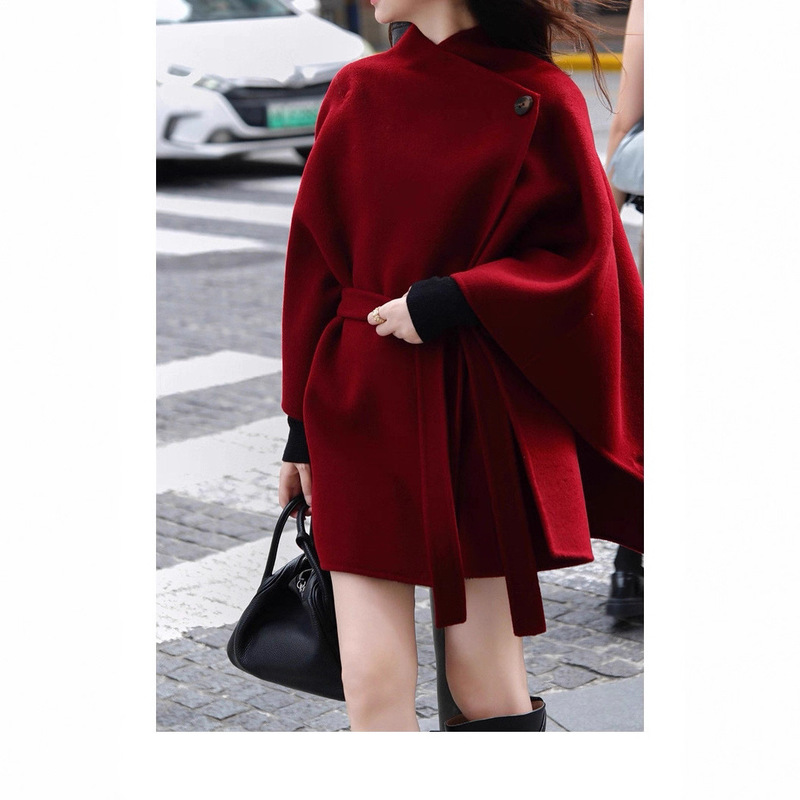 2025 Christmas and New Year Wedding Recommended Double-Sided Woolen Cloak Outwear Women's Winter Retro Burgundy Loose Outwear