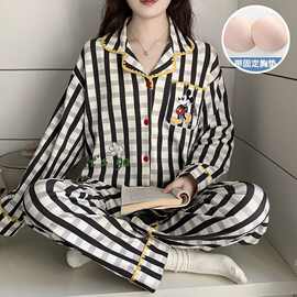 2751Z#春秋季新款带胸垫仿棉睡衣女长袖开衫翻领甜美家居服套装