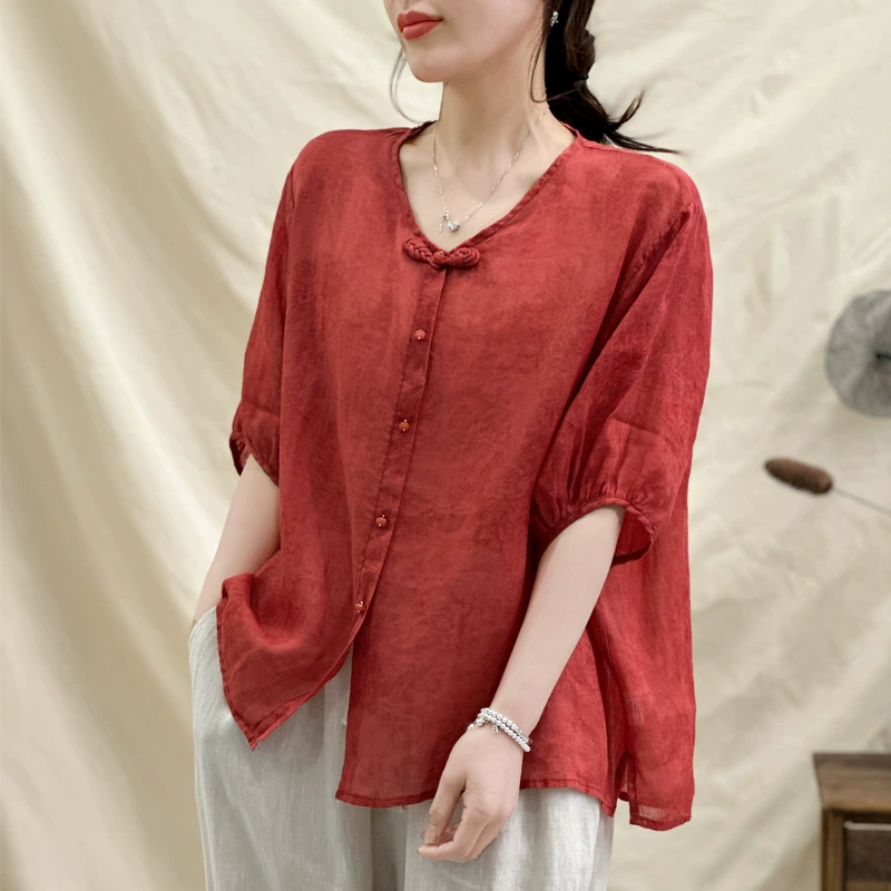 Гофэн высокого класса Рами топ мама тонкая свободная рубашка с короткими рукавами V-образным вырезом для женщин 2025 лето новое искусство