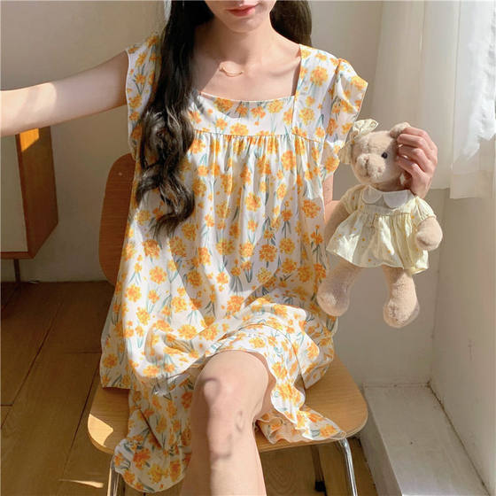 High-grade Cotton Silk Pajamas Women's Summer Foreign Air-plus size Air-conditioning Clothing Home Clothes Sweet Outer-Wearing Floral Cotton Silk suit