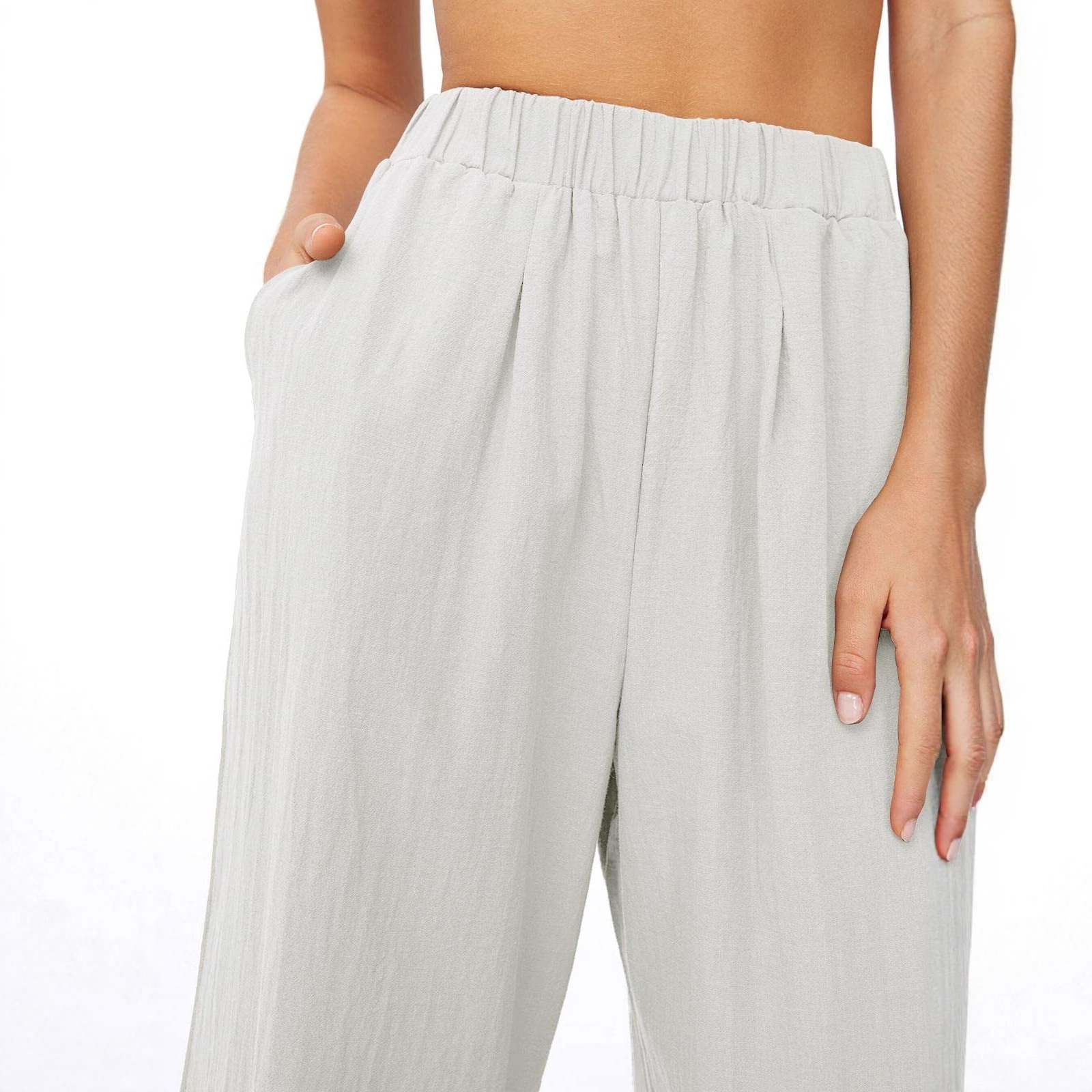 Effortless High-Waisted Wide-Leg Linen-Blend Trousers For Women, Comfortable Loose Fit Casual Palazzo Pants_ecoleips.com