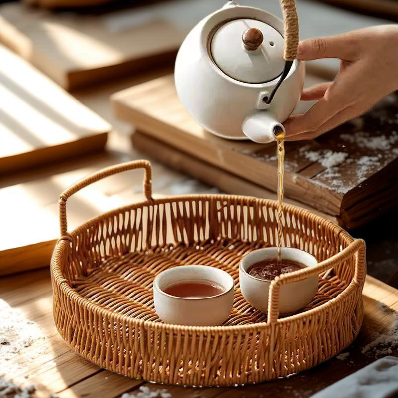 Plato de bocadillos de caña de imitación refrescos refrescos canasta de fruta sala de estar casera bandeja de pastel pan canasta de caña bandeja de fruta seca