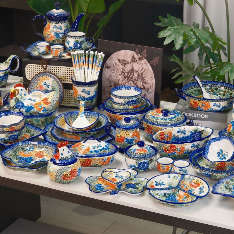 Polish Butterfly and Flower Set High-End Hand-Painted Plates, Dishes, Rice Bowls, Soup Bowls with Underglaze Color, New Wedding Gift