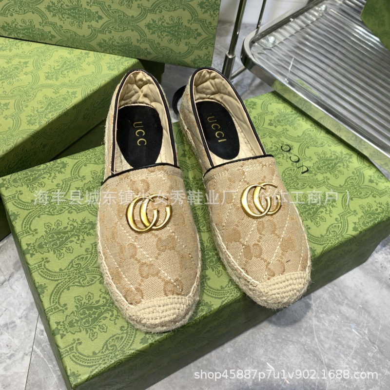 Comercio exterior transfronterizo G bordado estándar estampado zapatos de pescador 2025 suela de goma tejida boca poco profunda zapatos casuales de un solo pedal