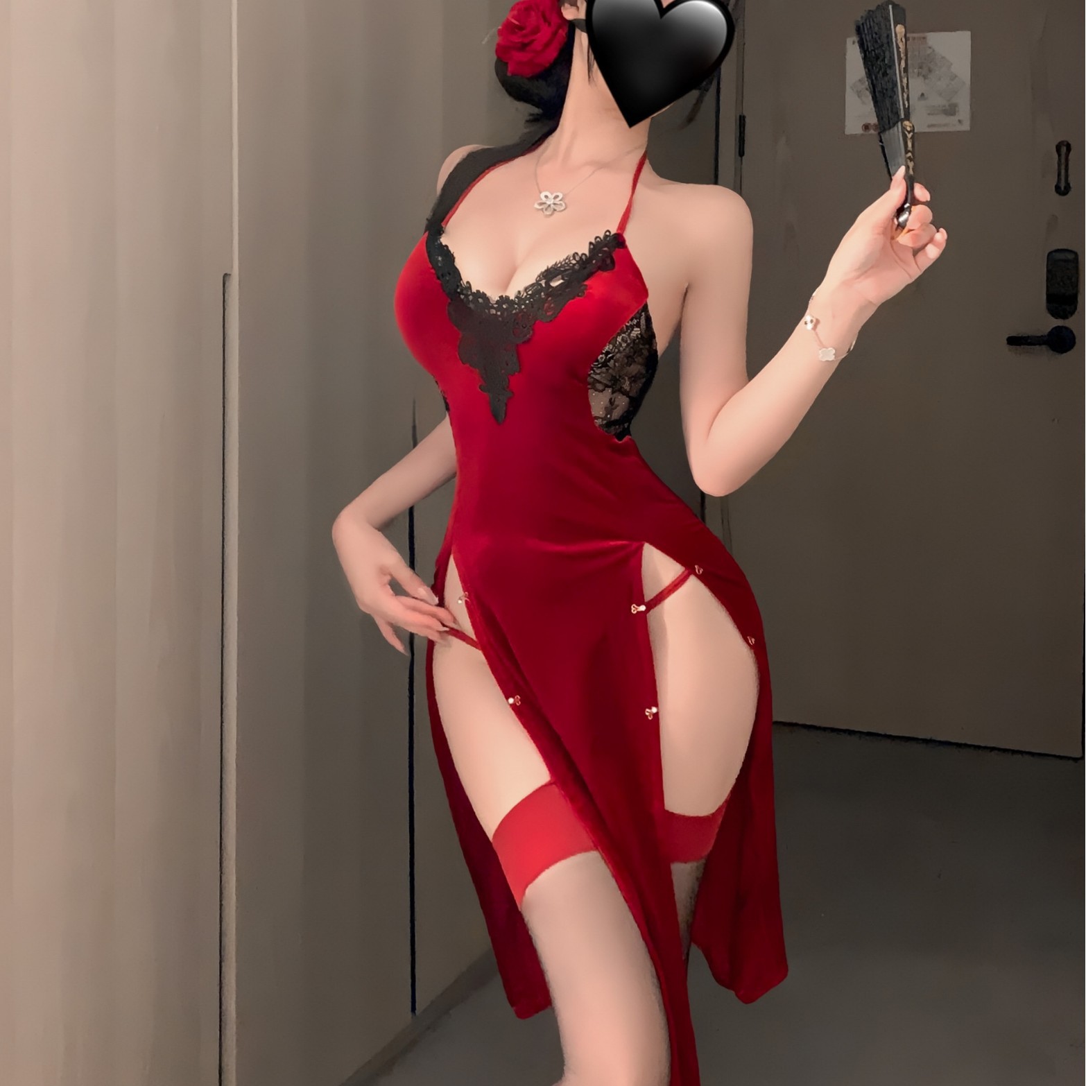 Sexy Lingerie, Sexy Cheongsam, Lace Long Deep V, Hot Slit, Backless Uniform, Abstinence, Small Breasts, Pure Lust Pajamas