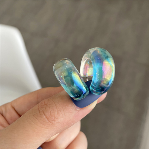 Blue Symphony Acrylic C-shaped Earrings Women's 925 Silver Needle Gradient Transparent Earrings Earrings No Holes Clip Earrings Trendy