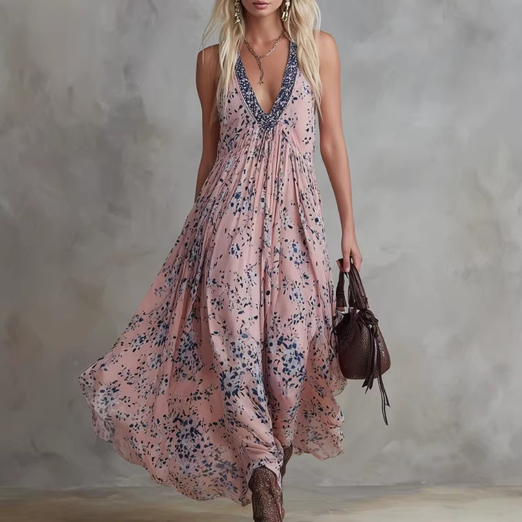 European and American Cross-Border Independent Website Vintage Classic Floral Print Pink Chiffon V-Neck Long Dress European and American Cross-Border Independent Website Vintage Classic Floral Print Pink Chiffon V-Neck Long Dress