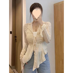 大碼女裝法式氣質系帶襯衫女秋季修身顯瘦長袖襯衣不規則辣妹上衣