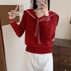 温柔韩系chic长袖针织衫女秋季新款修身显瘦海军领绑带独特打底衫
