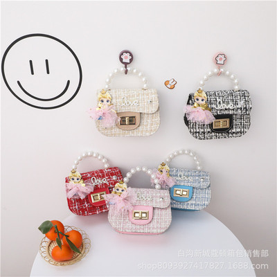 时尚女童包包儿童新年挎包女呢子珍珠手提包韩版小香风潮配饰包|ru