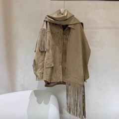 IF设计师品牌25早秋新品卡其色烫钻仿麂皮绒围巾流苏外套百搭上衣