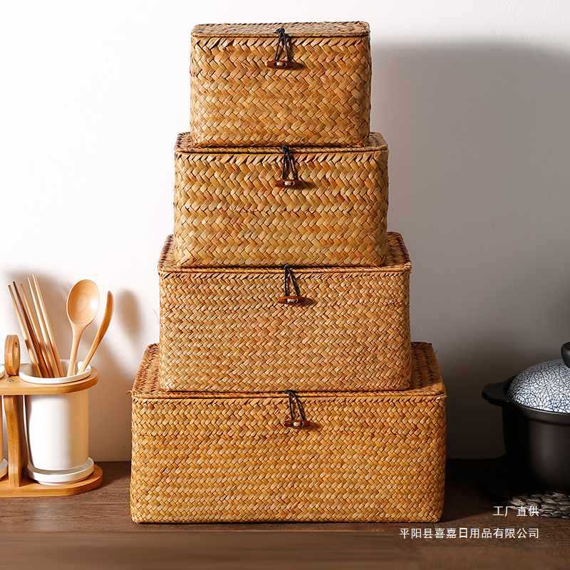 KENS Straw Storage Box Lid Sundries Storage Basket Woven Finishing Box Jewelry Box Non-willow KENS Straw Storage Box Lid Sundries Storage Basket Woven Finishing Box Jewelry Box Non-willow