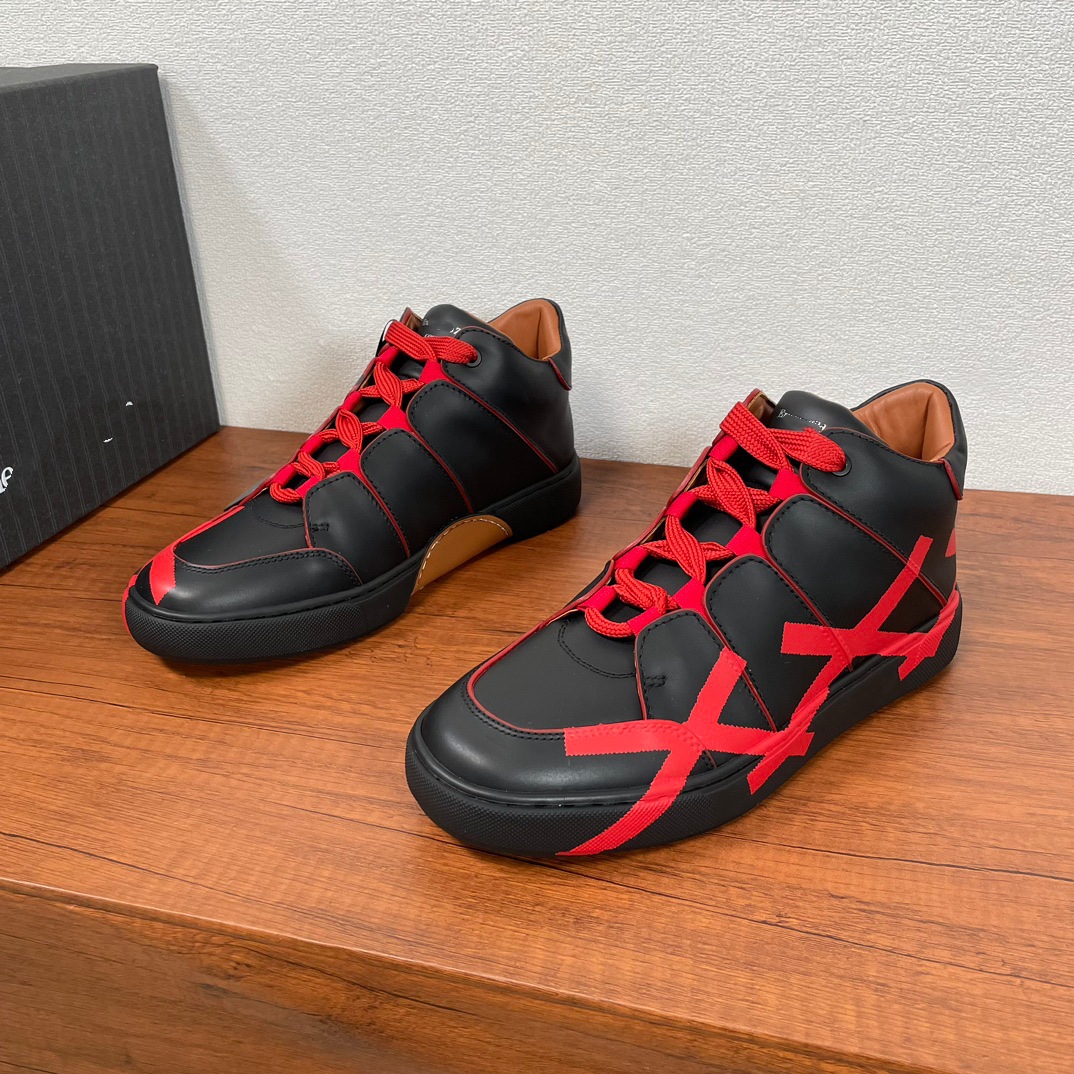 新款时尚男士休闲百搭头层牛皮拼色高帮时尚潮流平底休闲运动板鞋