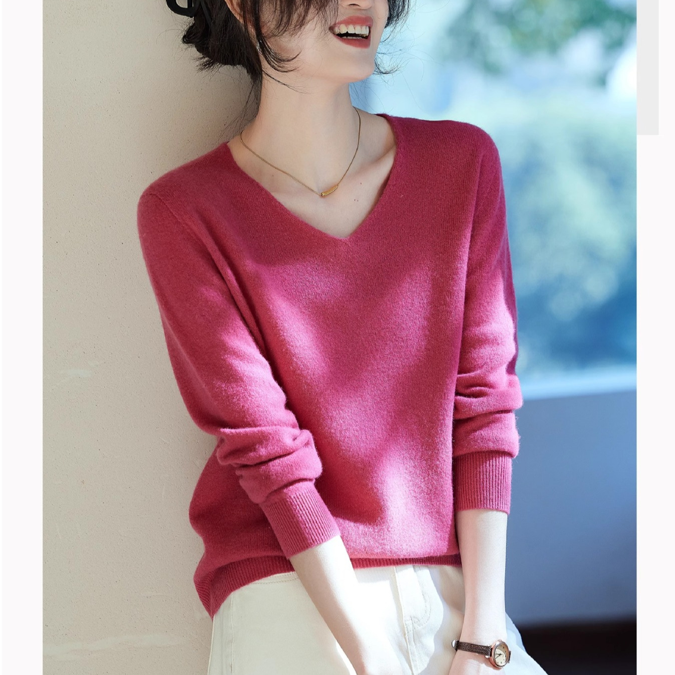 百家好小香风白色V领羊毛针织打底衫女2025秋季新款保暖针织毛衣