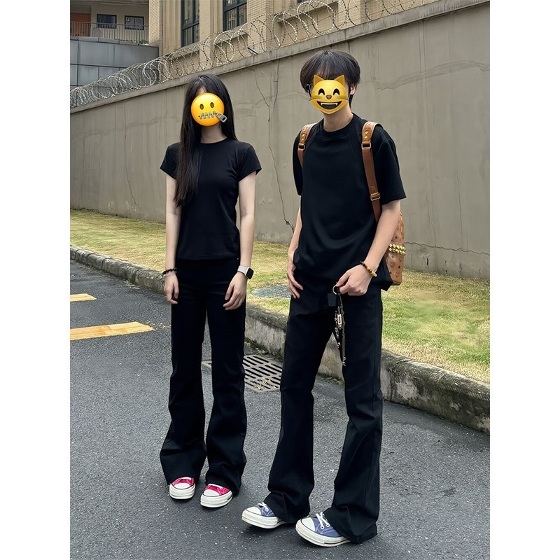 美式黑色微喇牛仔裤男款半松紧腰高街vibe直筒裤子修身显瘦弯刀裤|undefined