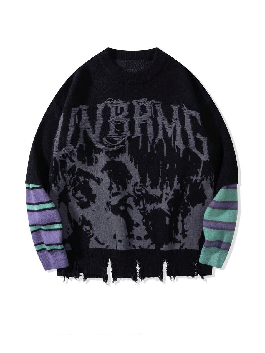 Herrenbekleidung Retro Street Fashion Kontrastfarbe Cartoon-Print lockerer Pullover zweiteiliger Pullover_voghion.com